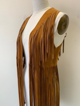 Womens, Vest, AMERICAN VINTAGE, Brown, Suede, Solid, M/L, Hippie Vest, Open at Center Front with No Closures, Self Hanging Fringe, Retro Reproduction, Late 1960's Summer of Love