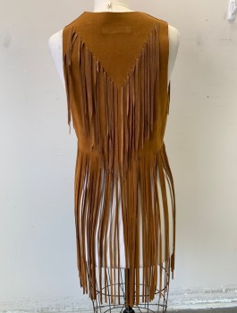 Womens, Vest, AMERICAN VINTAGE, Brown, Suede, Solid, M/L, Hippie Vest, Open at Center Front with No Closures, Self Hanging Fringe, Retro Reproduction, Late 1960's Summer of Love