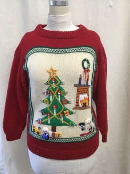 Womens, Pullover, NL, Red, Cream, Green, Yellow, Gold, Acrylic, Holiday, 43, KNIT with RIBBED COLLAR, CUFFS and HEM. CHRISMAS TREE with ORNAMENTS, FIREPLACE, KIDS ,CAR APPLIQUES.