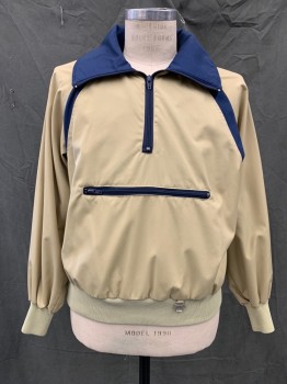 Mens, Windbreaker, PROFILE, Khaki Brown, Polyester, Cotton, Solid, M, Pullover, with Navy Trim and Navy Reverse Collar, 1/2 Zip Front, Oversized Collar, Raglan Sleeves, 1 Large Front Zip Pocket, Ribbed Knit Waistband/Cuff
