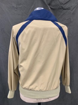 Mens, Windbreaker, PROFILE, Khaki Brown, Polyester, Cotton, Solid, M, Pullover, with Navy Trim and Navy Reverse Collar, 1/2 Zip Front, Oversized Collar, Raglan Sleeves, 1 Large Front Zip Pocket, Ribbed Knit Waistband/Cuff