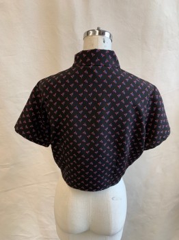 Womens, Top, AMERICAN APPAREL, Black, Red, Blue, Yellow, Silk, Floral, XS, Crop Blouse, Button Front, Collar Attached, Short Sleeves, Tie Front