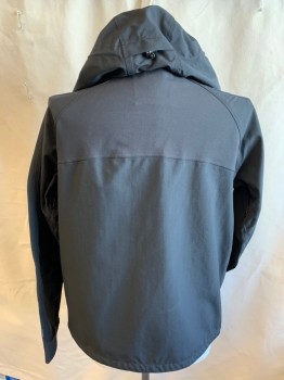 Mens, Casual Jacket, CARHARTT, Black, Gray, Nylon, Spandex, Solid, M, Solid Black with Gray Vertical Stripes & Diamond Print Lining, Hood Attached, Black Zip Front, 3 Pockets with Zipper, Raglan Long Sleeves with Velcro Closure **gray Stained on Left Arm**