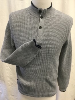 Mens, Pullover Sweater, BROOKS BROTHERS, Gray, Navy Blue, Cotton, Basket Weave, L, Long Sleeve, 3  Buttons, Mock Rib Knit  Neck,  Navy Trim on Collar and Cuffs,