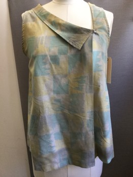 Womens, Top, SERENITY, Aqua Blue, Yellow, Beige, Gray, Polyester, Geometric, Abstract , B.40, 16, Aged/Distressed,  Sleeveless, Pullover, Asymmetrical Collar with Single Pleat Detail, Pullover,