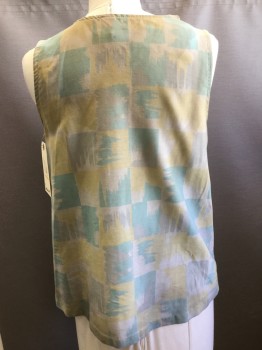 Womens, Top, SERENITY, Aqua Blue, Yellow, Beige, Gray, Polyester, Geometric, Abstract , B.40, 16, Aged/Distressed,  Sleeveless, Pullover, Asymmetrical Collar with Single Pleat Detail, Pullover,