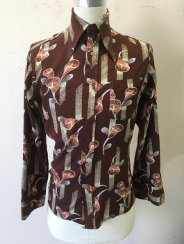 KINGS ROAD SEARS, Brown, Lime Green, Lt Brown, Lt Blue, Polyester, Abstract , Floral, Crepe, Long Sleeve Button Front, Collar Attached, 1 Patch Pocket,