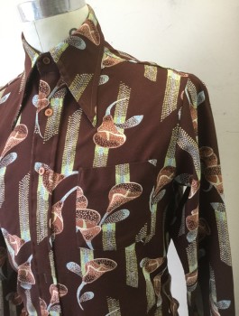 KINGS ROAD SEARS, Brown, Lime Green, Lt Brown, Lt Blue, Polyester, Abstract , Floral, Crepe, Long Sleeve Button Front, Collar Attached, 1 Patch Pocket,
