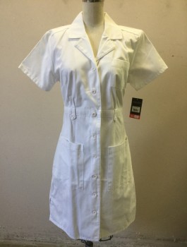 Womens, Nurses Dress, DICKIES, White, Cotton, Polyester, Solid, XS, Twill, Short Sleeves, Button Front, Notch Collar, Elastic Waist in Back 3 Patch Pockets, Belt Loop/Button Tabs at Front Waist, Knee Length