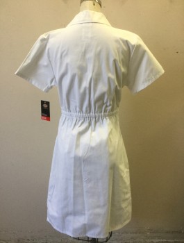 DICKIES, White, Cotton, Polyester, Solid, Twill, Short Sleeves, Button Front, Notch Collar, Elastic Waist in Back 3 Patch Pockets, Belt Loop/Button Tabs at Front Waist, Knee Length