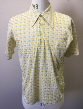 N/L, White, Lemon Yellow, Lt Green, Nylon, Houndstooth, Abstract , Short Sleeves, 4 Button Placket, Collar Attached, 1 Patch Pocket,