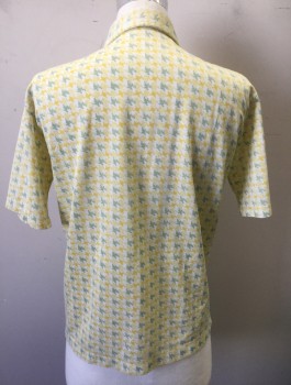 N/L, White, Lemon Yellow, Lt Green, Nylon, Houndstooth, Abstract , Short Sleeves, 4 Button Placket, Collar Attached, 1 Patch Pocket,