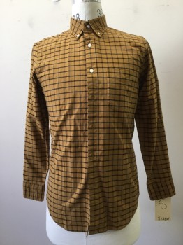 JCREW, Brown, Black, Cotton, Plaid-  Windowpane, Button Down Collar, Long Sleeves, 1 Pocket,