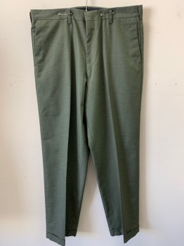 PEMANENT PRESS, Olive Green, Gray, Polyester, Cotton, Heathered, Flat Front, Zip Front, Belt Loops, Cuffed, Tapered, 4 Pockets,