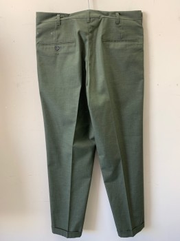 PEMANENT PRESS, Olive Green, Gray, Polyester, Cotton, Heathered, Flat Front, Zip Front, Belt Loops, Cuffed, Tapered, 4 Pockets,
