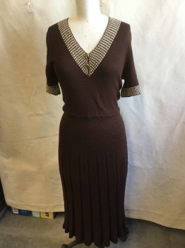 Womens, Dress, N/L, Dk Brown, Cream, Silver, Wool, Acrylic, Solid, W:28, B:36, Dark Brown Knit, with 2" Cream with Silver Abstract Pattern on V-neck and 1.5" Short Sleeves Hem, 3 Silver Button on Collar Trim, Large Pleat Skirt, 3/4 Length