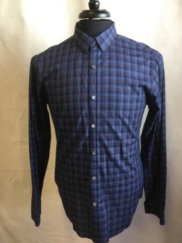 THEORY, Blue, Navy Blue, Brown, Cotton, Plaid, Button Front, Collar Attached, Long Sleeves