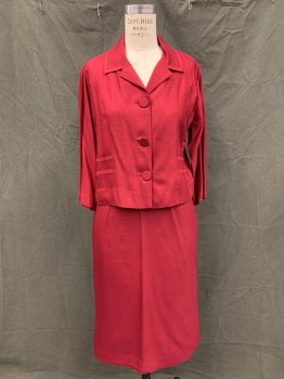 Womens, 1960s Vintage, Suit, Jacket, MISS MARILYN, Dk Red, Rayon, Solid, Ch 40, Single Breasted, Collar Attached, Notched Lapel, 3/4 Sleeve, Tuck Pleats Side Waist,