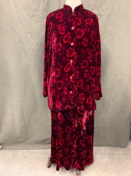 Womens, 1990s Vintage, Piece 1, HARARI, Red, Dk Red, Rayon, Silk, Floral, Abstract , XL, B 40, Jacket, Velvet, Button Front, Mandarin Collar, Long Sleeves, Long, *Missing Top Button*