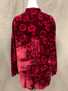 Womens, 1990s Vintage, Piece 1, HARARI, Red, Dk Red, Rayon, Silk, Floral, Abstract , XL, B 40, Jacket, Velvet, Button Front, Mandarin Collar, Long Sleeves, Long, *Missing Top Button*
