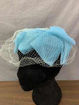 Womens, Hat, CELEBRITY HATS, Baby Blue, Nylon, Solid, Tulle on Wire Understructure with Zig Zagged Edge, Large Self Bow at Crown of Head, Attached Light Blue Netting in Front, **Small Hole in Netting on Front