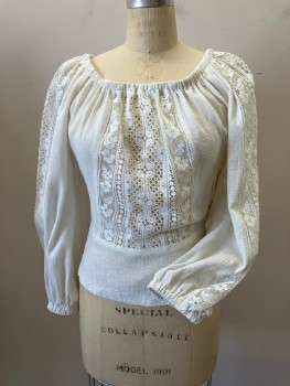 N/L, Antique White, Cotton, Solid, Gauze, Elastic Scoop Neck, Lace Panels At CF & Sleeves, Side Zip, L/S, Elastic Cuffs