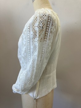 N/L, Antique White, Cotton, Solid, Gauze, Elastic Scoop Neck, Lace Panels At CF & Sleeves, Side Zip, L/S, Elastic Cuffs