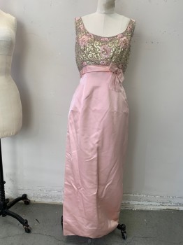 Womens, 1960s Vintage, Dress, FANTASIA, Gold, Lt Pink, Lurex, Beaded, Floral, Swirl , W28, B36, H39, Scoop Neck, Scoop Back, Sleeveless, Full Length, Back Zipper, Heavily Beaded and Sequined Lurex Bodice, Empire Waist with Attached Belt and Bow, Straight Skirt