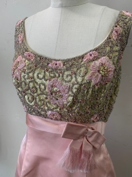 Womens, 1960s Vintage, Dress, FANTASIA, Gold, Lt Pink, Lurex, Beaded, Floral, Swirl , W28, B36, H39, Scoop Neck, Scoop Back, Sleeveless, Full Length, Back Zipper, Heavily Beaded and Sequined Lurex Bodice, Empire Waist with Attached Belt and Bow, Straight Skirt