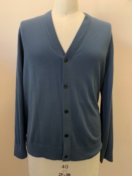 Mens, Cardigan Sweater, THEORY, Steel Blue, Wool, Solid, L, L/S, Button Front, V Neck