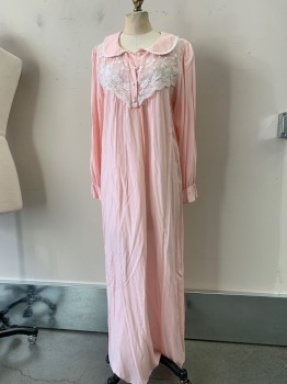 Womens, Nightgown, SHEIN, Peachy Pink, Polyester, Solid, S, L/S, Pull On, White Trimmed Rounded Collar, Button Placket, Detached Lace Front Yoke, Full Length