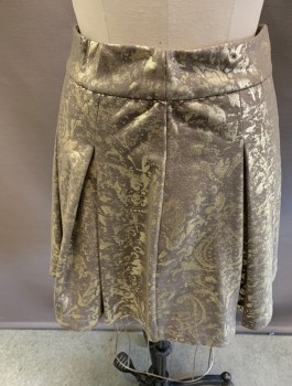Womens, Skirt, Mini, MARK, Gold, Taupe, Polyester, Rayon, Graphic, PETITE, SMALL , Thick WB, with Pleats, Bk Zipper