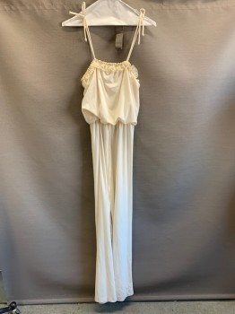 Womens, Jumpsuit, N/L, Off White, Polyester, Solid, W24-30, B34, H;40, Straps Tie at Shoulders, Lace Ruffle Trim, Elastic Waistband, Tie at Waistband,