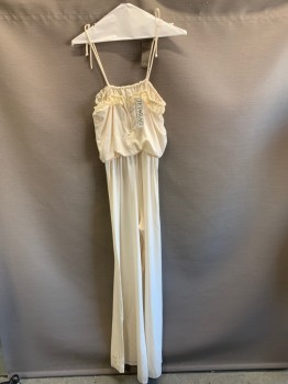 Womens, Jumpsuit, N/L, Off White, Polyester, Solid, W24-30, B34, H;40, Straps Tie at Shoulders, Lace Ruffle Trim, Elastic Waistband, Tie at Waistband,