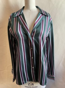 Womens, Blouse, ALEXIS, Forest Green, Aubergine Purple, Gray, White, Silk, Stripes - Vertical , XS, Button Front, Collar Attached, Notched Lapel, Long Sleeves, Button Cuff