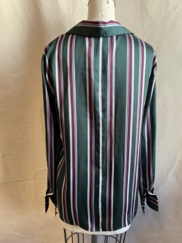 Womens, Blouse, ALEXIS, Forest Green, Aubergine Purple, Gray, White, Silk, Stripes - Vertical , XS, Button Front, Collar Attached, Notched Lapel, Long Sleeves, Button Cuff