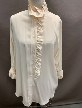 Womens, Blouse, Laura Ashley, Ecru, Silk, Solid, 36B, L/S Ruffle Blouse @Neck and CF Placket