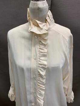 Womens, Blouse, Laura Ashley, Ecru, Silk, Solid, 36B, L/S Ruffle Blouse @Neck and CF Placket