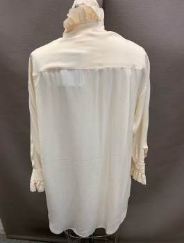 Laura Ashley, Ecru, Silk, Solid, L/S Ruffle Blouse @Neck and CF Placket