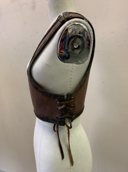 Womens, Sci-Fi/Fantasy Breastplate, NO LABEL, Brown, Leather, Solid, B22, Single Strap, One Side Lace Up And Other With 2 Buckles, Rusty Stud Trim
