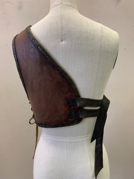 Womens, Sci-Fi/Fantasy Breastplate, NO LABEL, Brown, Leather, Solid, B22, Single Strap, One Side Lace Up And Other With 2 Buckles, Rusty Stud Trim