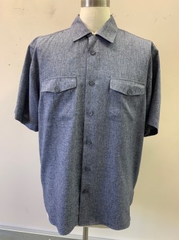 Mens, Casual Shirt, TRUST, Navy Blue, White, Polyester, 2 Color Weave, L, S/S, Button Front, Collar Attached, Chest Pockets