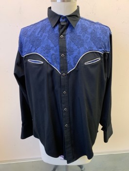 ROCKMOUNT, Black, Dk Blue, Rayon, Polyester, Solid, Floral, Yoke Is Blue Patterned, L/S, Square Snaps, Collar Attached, White Piping Accents, 2 Welt Pockets