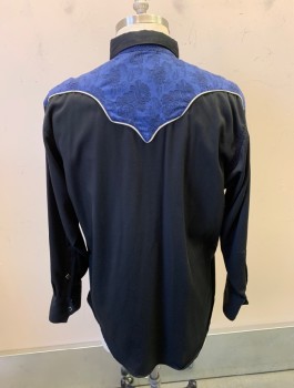 Mens, Western, ROCKMOUNT, Black, Dk Blue, Rayon, Polyester, Solid, Floral, N:16, L, S:34, Yoke Is Blue Patterned, L/S, Square Snaps, Collar Attached, White Piping Accents, 2 Welt Pockets