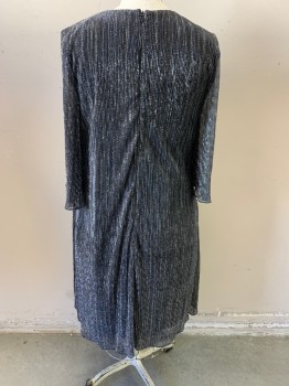 SLNY, Black, Silver, Polyester, Stripes - Vertical , Glittery Silver Lurex Over Black Jersey Sheath, Scoop Neck, 3/4 Sleeves, Faux Jacket Panels Stitched at Shoulder and Side Seams with a Draped Ruffle Opening, Back Zipper,