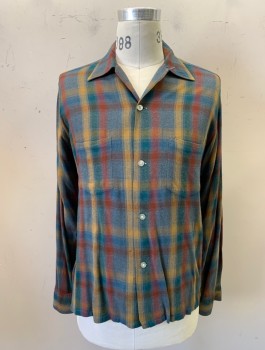 Mens, Casual Shirt, TOWNCRAFT, Multi-color, Teal Blue, Mustard Yellow, Red, Cotton, Plaid, N:15.5, Brushed Cotton, L/S, Button Front, Collar Attached, 2 Patch Pockets