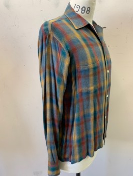 Mens, Casual Shirt, TOWNCRAFT, Multi-color, Teal Blue, Mustard Yellow, Red, Cotton, Plaid, N:15.5, Brushed Cotton, L/S, Button Front, Collar Attached, 2 Patch Pockets