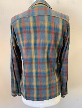 TOWNCRAFT, Multi-color, Teal Blue, Mustard Yellow, Red, Cotton, Plaid, Brushed Cotton, L/S, Button Front, Collar Attached, 2 Patch Pockets
