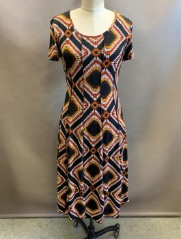 Womens, Dress, Short Sleeve, SAMI & JO, Black, Rust Orange, Beige, Mustard Yellow, Polyester, Spandex, Abstract , Diamonds, S, Stretch Fabric, In Vertical Panels, Scoop Neck, A-Line, Knee Length