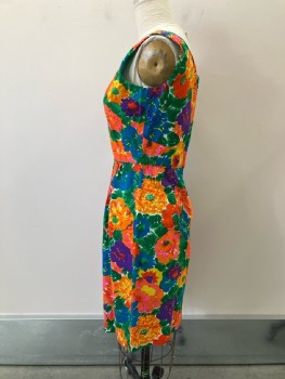 SYDNEY HONOLULU, Neon Multicolor Floral Voille, Round Neck, Slvls, Back Zip, Fitted Waist, Lined